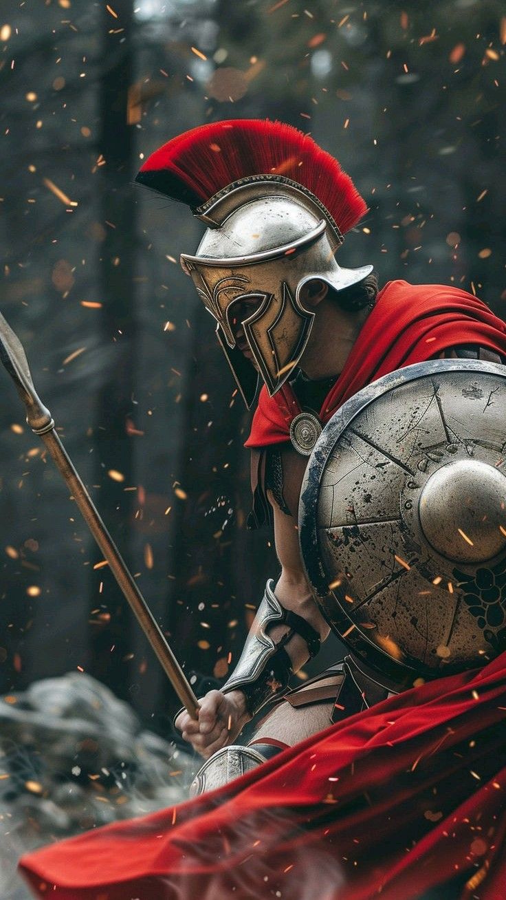 Spartan warrior surrounded by glowing embers